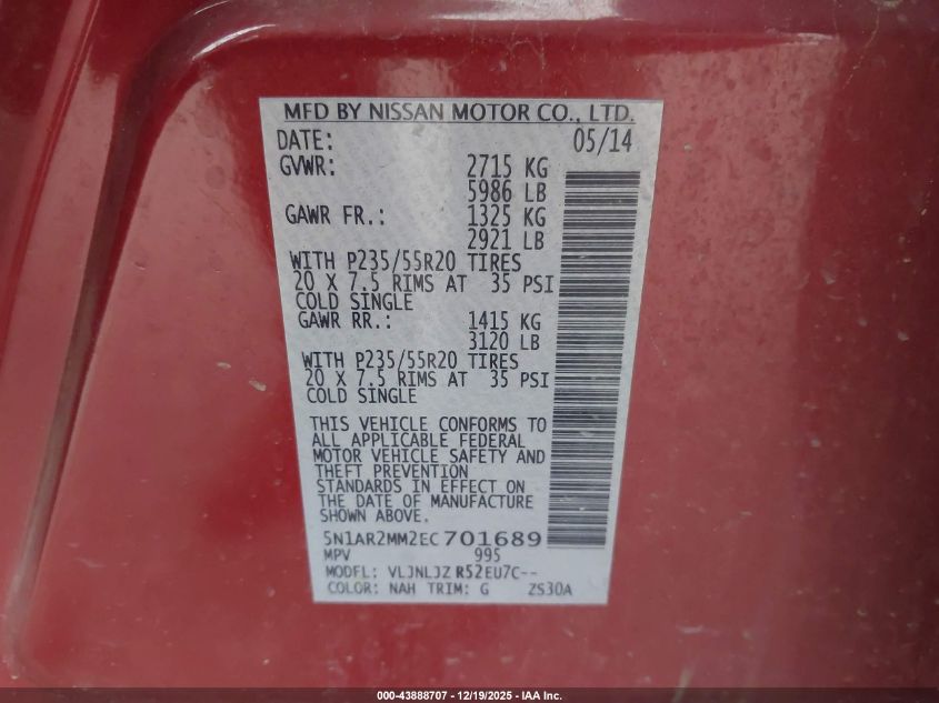 2014 Nissan Pathfinder Platinum VIN: 5N1AR2MM2EC701689 Lot: 43888707