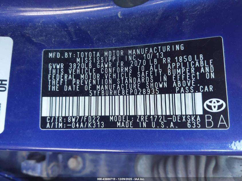 2014 Toyota Corolla S Plus VIN: 5YFBURHE8EP028935 Lot: 43888719