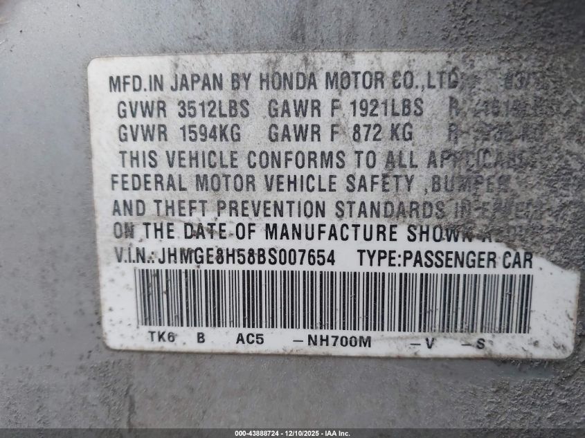 2011 Honda Fit Sport VIN: JHMGE8H58BS007654 Lot: 43888724