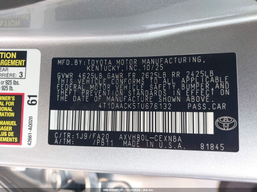 2026 Toyota Camry Le VIN: 4T1DAACK5TU676132 Lot: 43888725