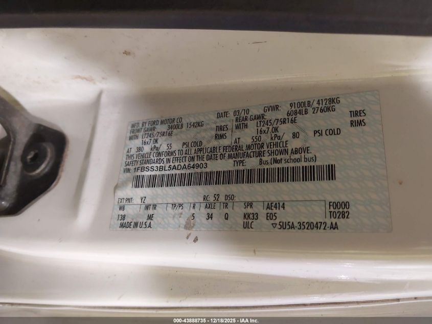 2010 Ford E-350 Super Duty Xlt VIN: 1FBSS3BL5ADA64903 Lot: 43888735