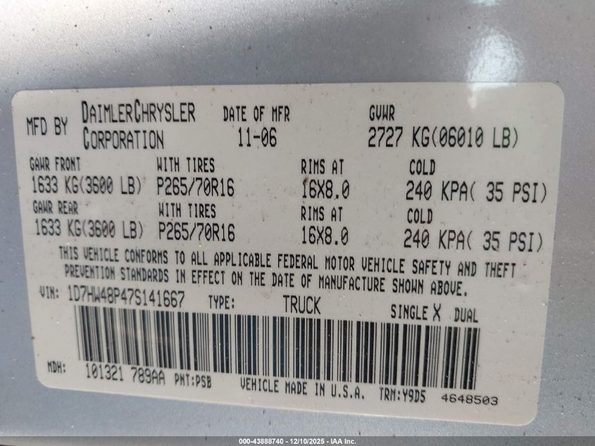 2007 Dodge Dakota Slt VIN: 1D7HW48P47S141667 Lot: 43888740