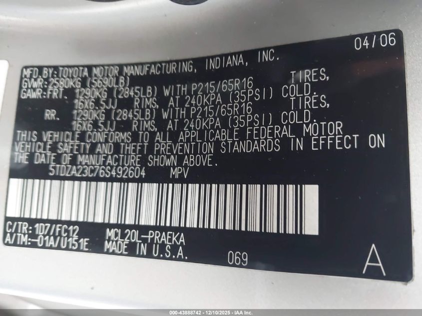 2006 Toyota Sienna Le VIN: 5TDZA23C76S492604 Lot: 43888742