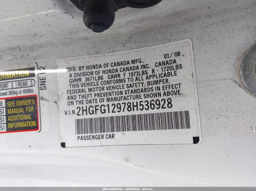 2008 Honda Civic Ex-L VIN: 2HGFG12978H536928 Lot: 43888746