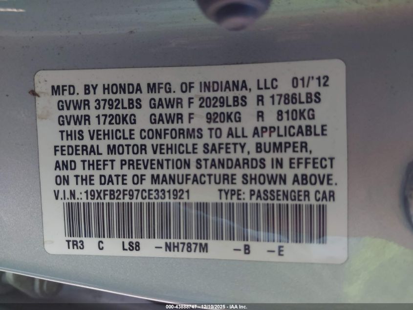 2012 Honda Civic Ex-L VIN: 19XFB2F97CE331921 Lot: 43888747