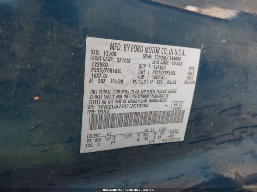 2001 Ford Explorer Sport Trac VIN: 1FMZU67E91UC12384 Lot: 43888750