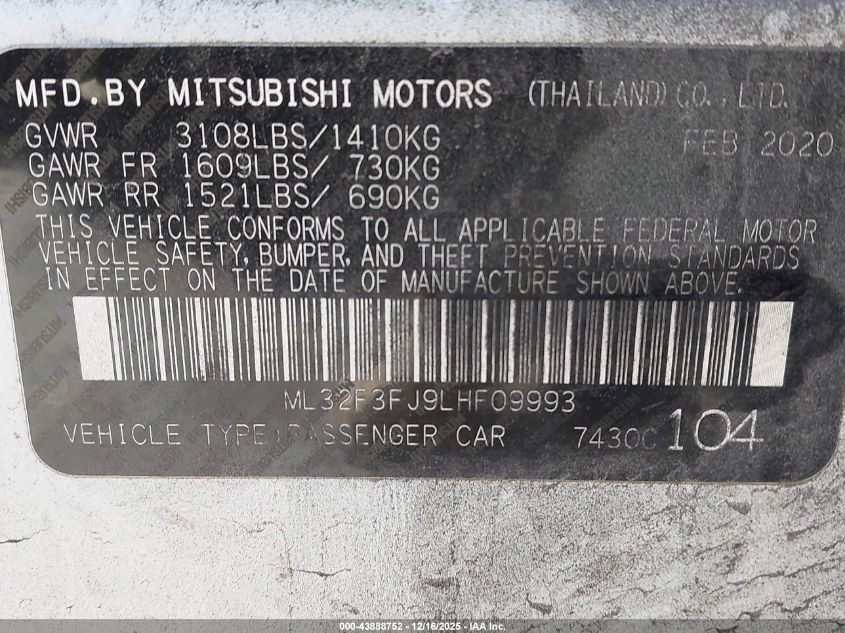2020 Mitsubishi Mirage G4 Es VIN: ML32F3FJ9LHF09993 Lot: 43888752