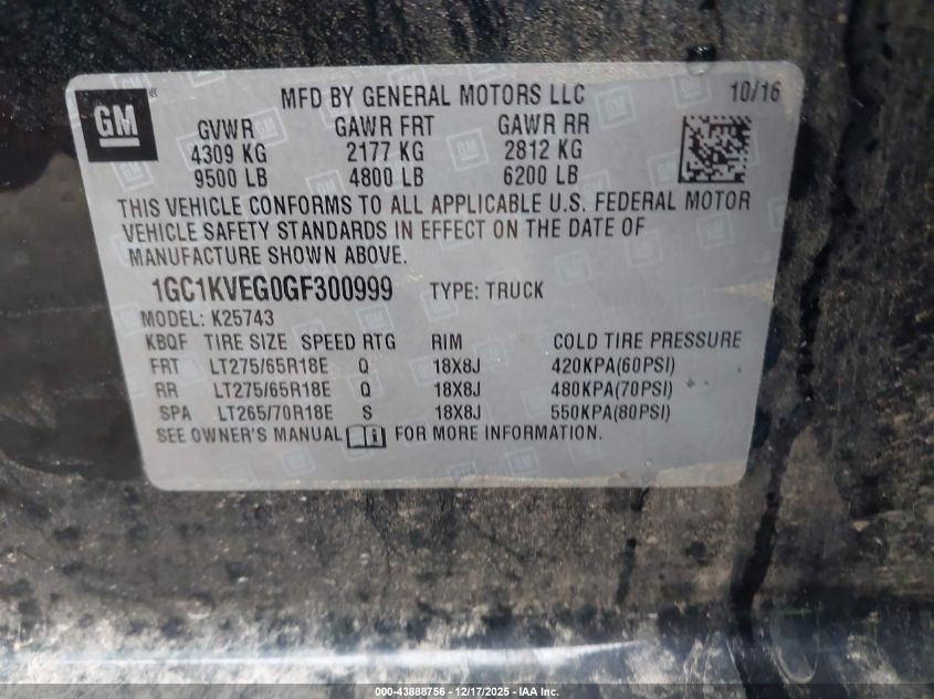 2016 Chevrolet Silverado 2500Hd Lt VIN: 1GC1KVEG0GF300999 Lot: 43888756