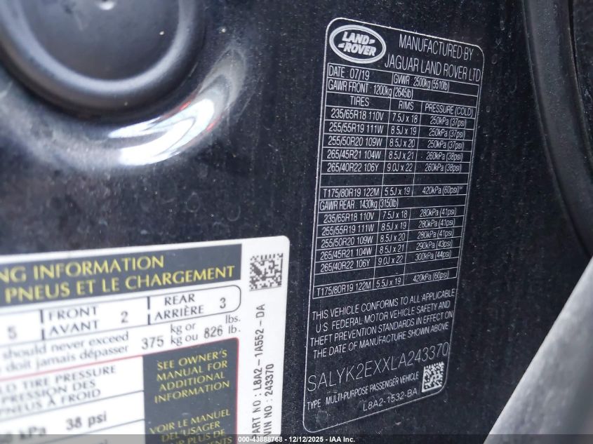 2020 Land Rover Range Rover Velar P250 R-Dynamic S VIN: SALYK2EXXLA243370 Lot: 43888768