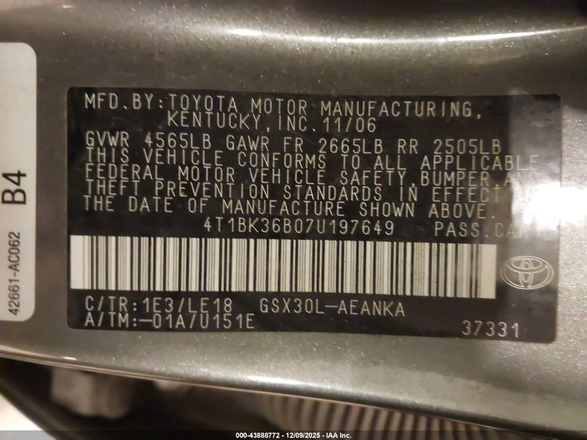 2007 Toyota Avalon Touring VIN: 4T1BK36B07U197649 Lot: 43888772