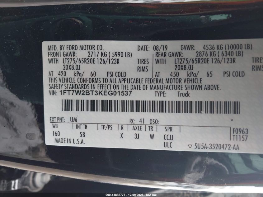 2019 Ford F-250 Lariat VIN: 1FT7W2BT3KEG01537 Lot: 43888776