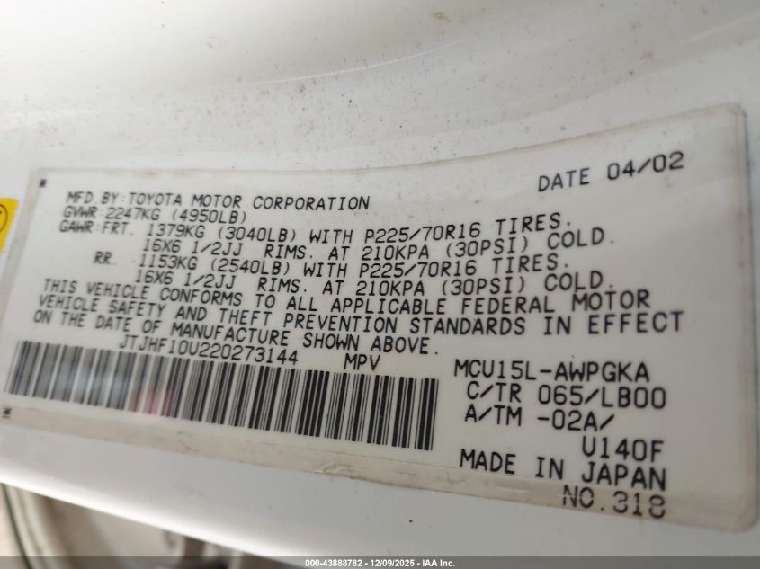 2002 Lexus Rx 300 VIN: JTJHF10U220273144 Lot: 43888782