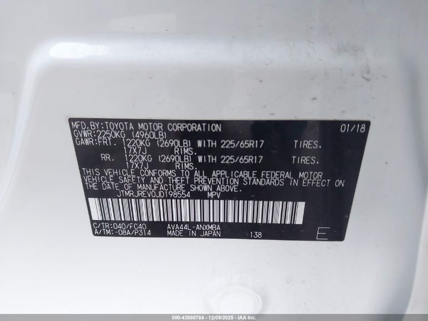 2018 Toyota Rav4 Hybrid Xle VIN: JTMRJREV0JD198554 Lot: 43888784