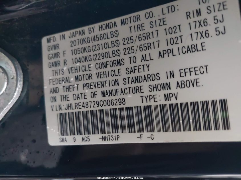 2009 Honda Cr-V Ex-L VIN: JHLRE48729C006298 Lot: 43888787