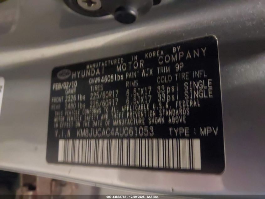 2010 Hyundai Tucson Gls VIN: KM8JUCAC4AU061053 Lot: 43888788