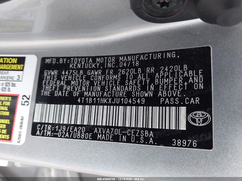 2018 Toyota Camry Se VIN: 4T1B11HKXJU104549 Lot: 43888789