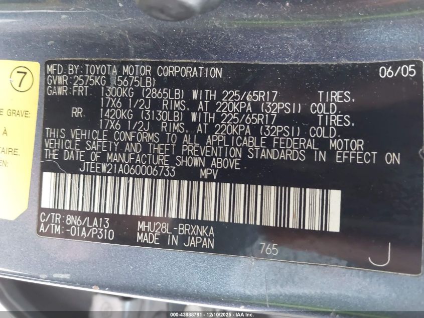 2006 Toyota Highlander Hybrid Limited V6 VIN: JTEEW21A060006733 Lot: 43888791