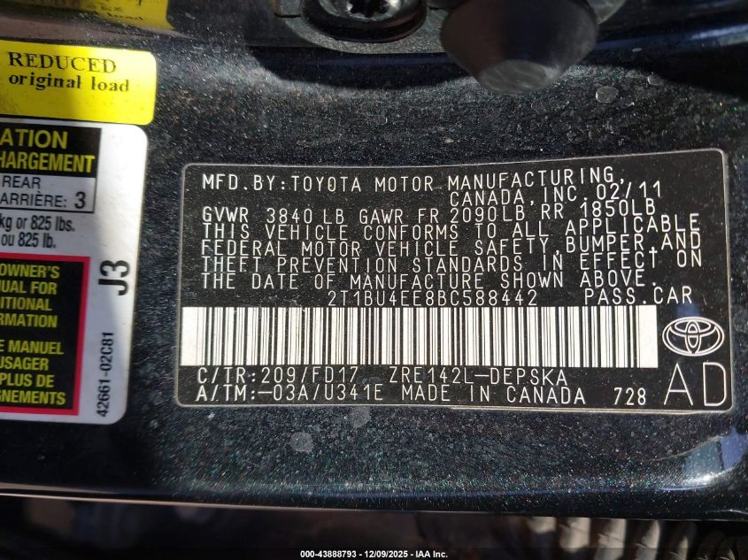 2011 Toyota Corolla S VIN: 2T1BU4EE8BC588442 Lot: 43888793