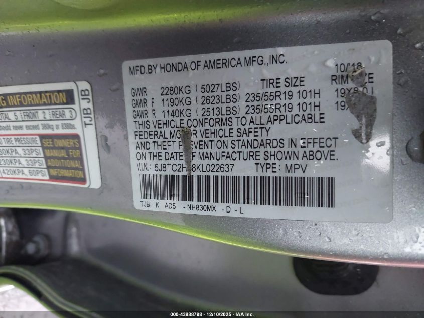 2019 Acura Rdx Technology Package VIN: 5J8TC2H58KL022637 Lot: 43888798