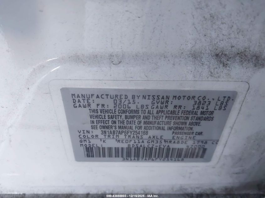 2015 Nissan Sentra S VIN: 3N1AB7AP6FY254168 Lot: 43888803