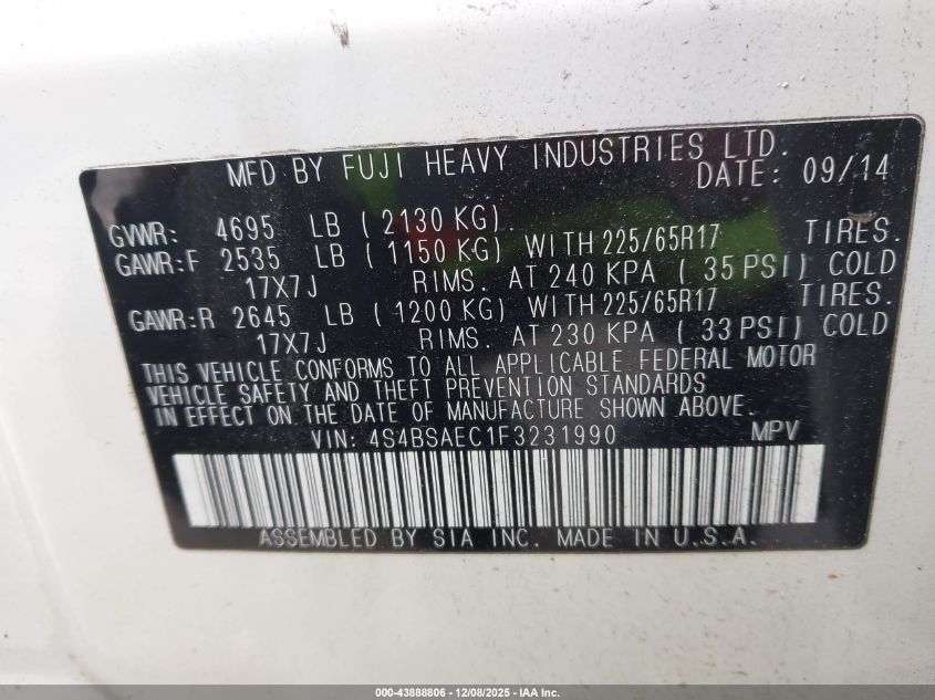 2015 Subaru Outback 2.5I Premium VIN: 4S4BSAEC1F3231990 Lot: 43888806