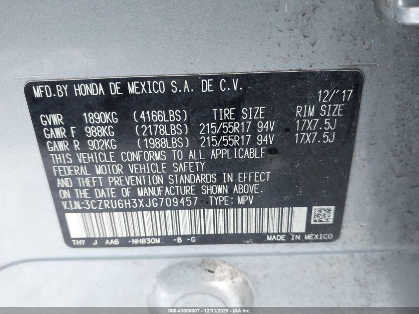 2018 Honda Hr-V Lx VIN: 3CZRU6H3XJG709457 Lot: 43888807