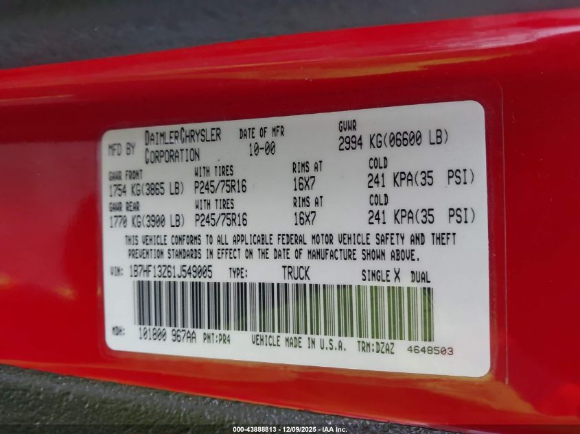 2001 Dodge Ram 1500 St VIN: 1B7HF13Z61J549005 Lot: 43888813