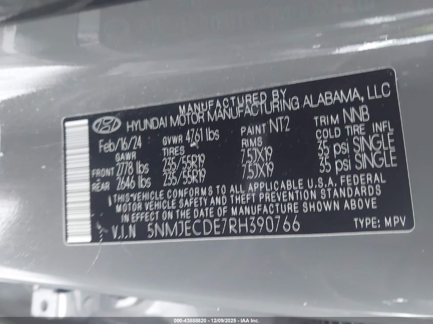 2024 Hyundai Tucson Limited VIN: 5NMJECDE7RH390766 Lot: 43888820