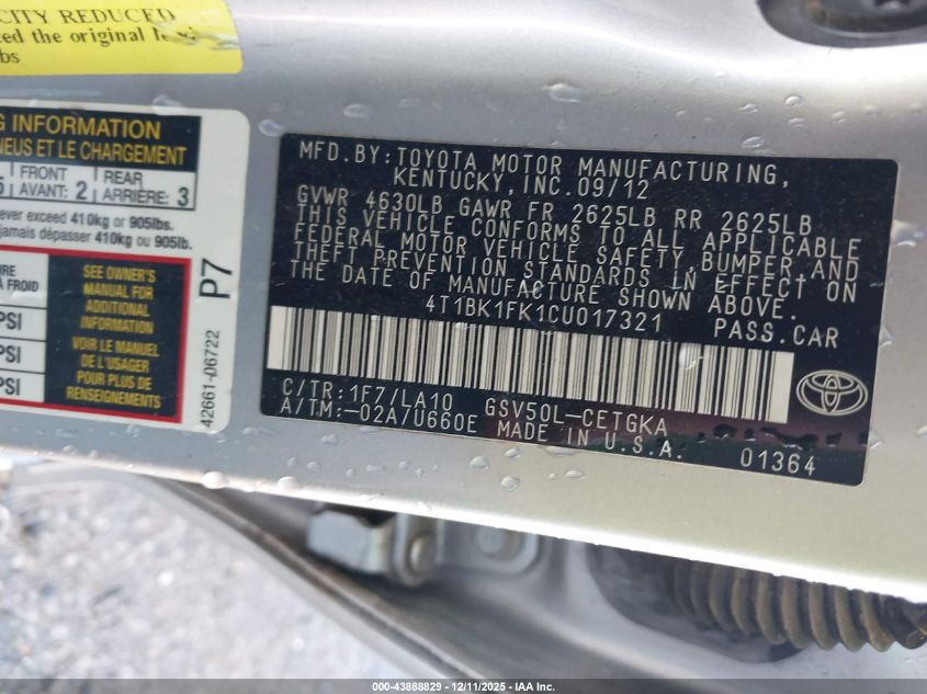 2012 Toyota Camry Xle V6 VIN: 4T1BK1FK1CU017321 Lot: 43888829