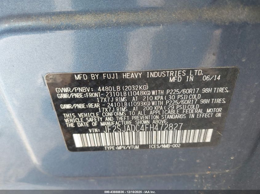 2015 Subaru Forester 2.5I Premium VIN: JF2SJADC4FH472827 Lot: 43888836