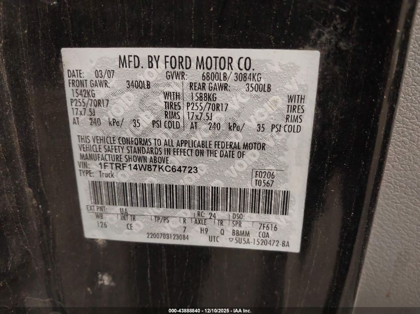 2007 Ford F-150 Stx/Xl/Xlt VIN: 1FTRF14W87KC64723 Lot: 43888840