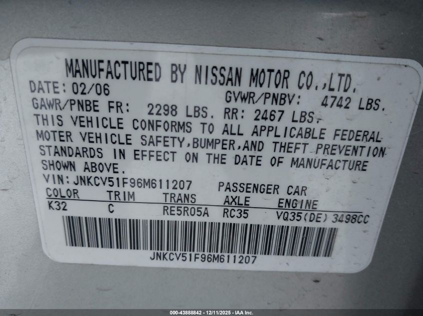 2006 Infiniti G35X VIN: JNKCV51F96M611207 Lot: 43888842