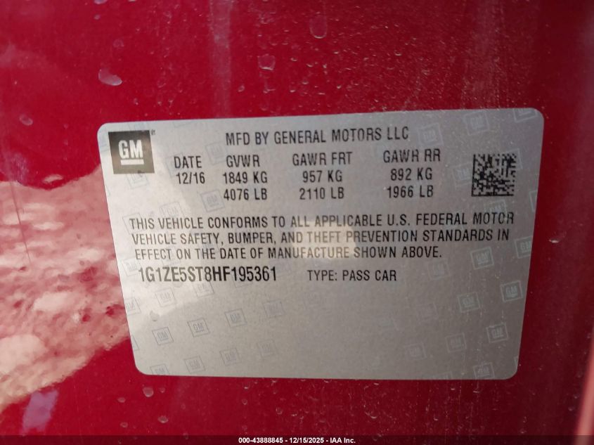 2017 Chevrolet Malibu 1Lt VIN: 1G1ZE5ST8HF195361 Lot: 43888845