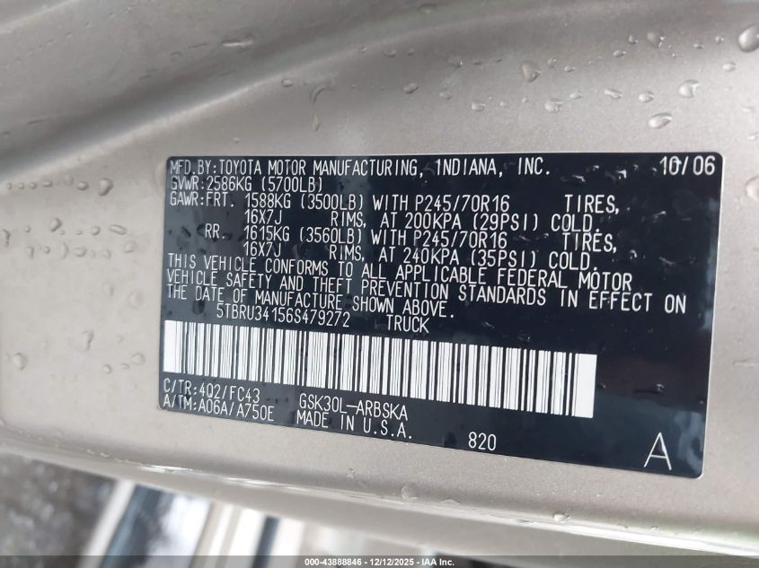 2006 Toyota Tundra Sr5 VIN: 5TBRU34156S479272 Lot: 43888846