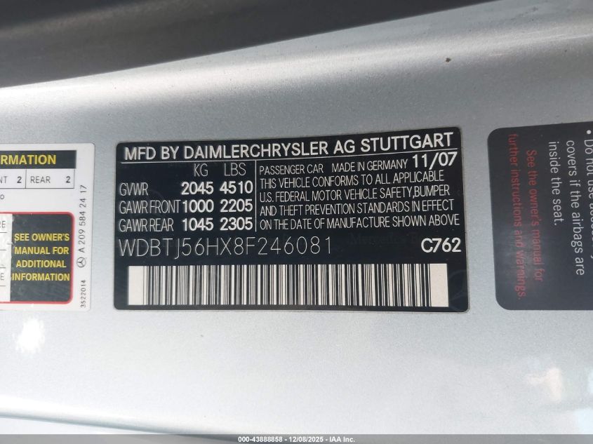 2008 Mercedes-Benz Clk 350 VIN: WDBTJ56HX8F246081 Lot: 43888858