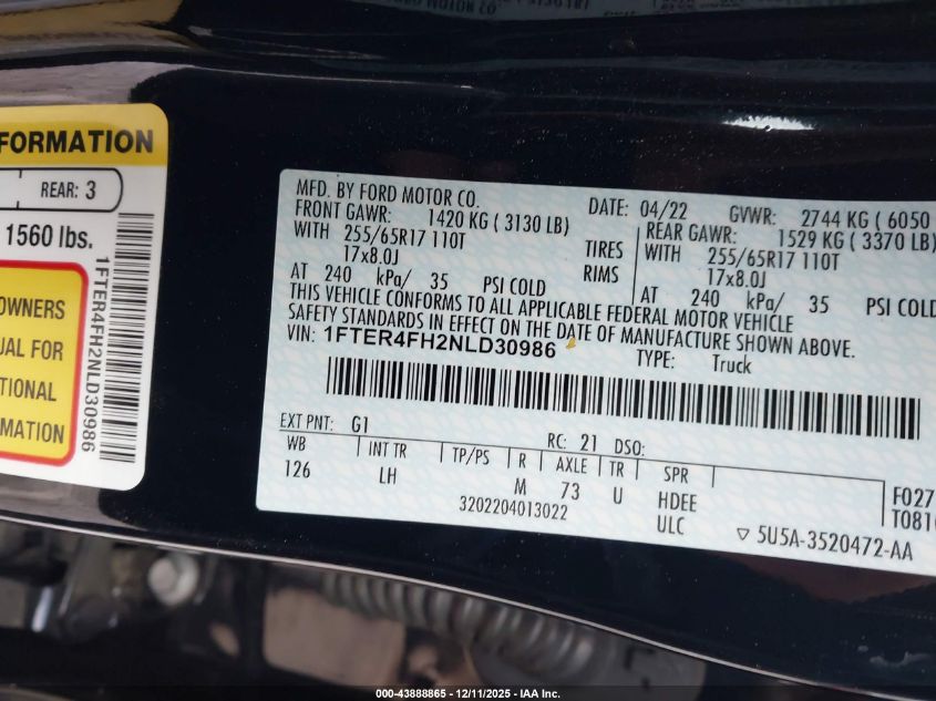 2022 Ford Ranger Xl VIN: 1FTER4FH2NLD30986 Lot: 43888865