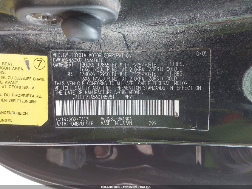 2006 Toyota Highlander V6 VIN: JTEEP21A560145981 Lot: 43888866