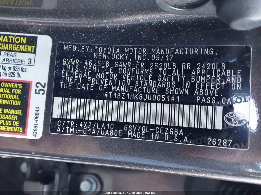 2018 Toyota Camry Xle V6 VIN: 4T1BZ1HK8JU005141 Lot: 43888871