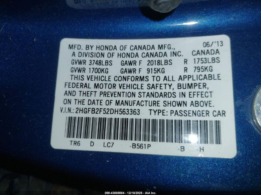 2013 Honda Civic Lx VIN: 2HGFB2F52DH563363 Lot: 43888884