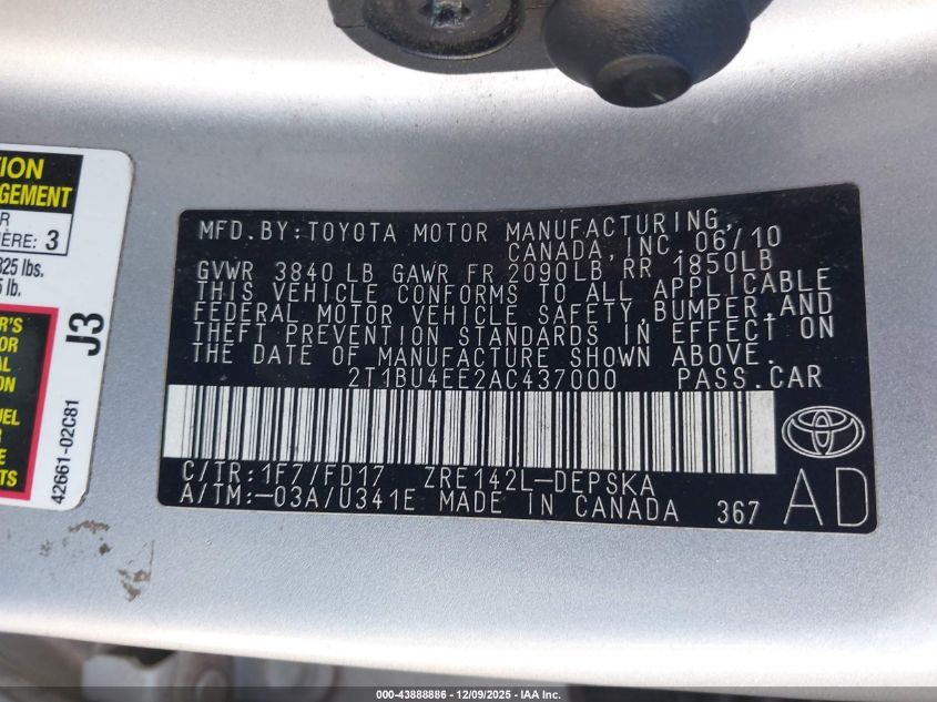 2010 Toyota Corolla S VIN: 2T1BU4EE2AC437000 Lot: 43888886