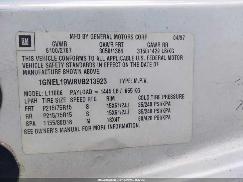 1997 Chevrolet Astro VIN: 1GNEL19W8VB213923 Lot: 43888888