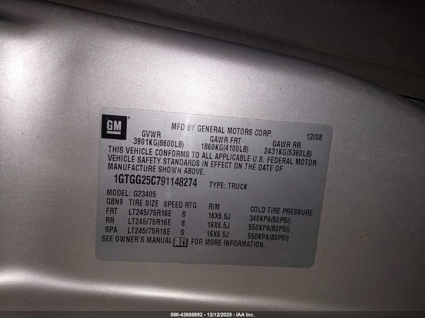 2009 GMC Savana 2500 Work Van VIN: 1GTGG25C791148274 Lot: 43888892