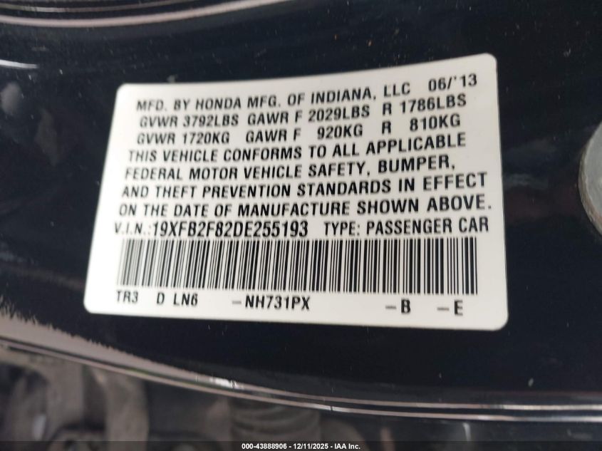 2013 Honda Civic Ex VIN: 19XFB2F82DE255193 Lot: 43888906