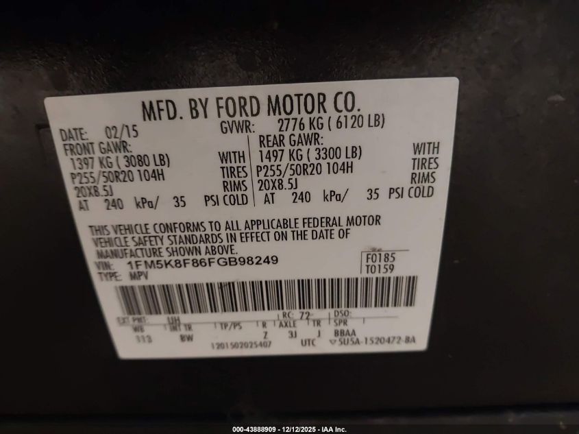 2015 Ford Explorer Limited VIN: 1FM5K8F86FGB98249 Lot: 43888909