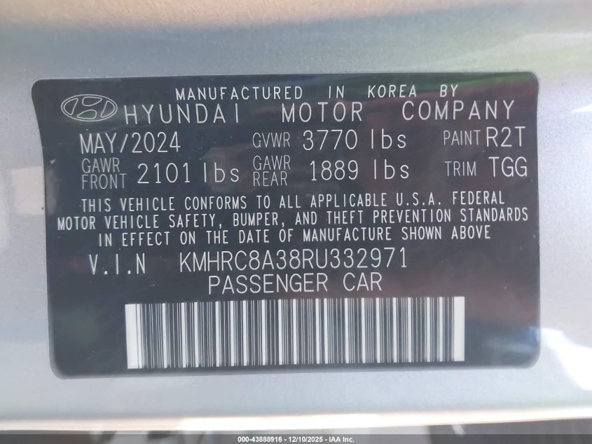 2024 Hyundai Venue Sel VIN: KMHRC8A38RU332971 Lot: 43888916