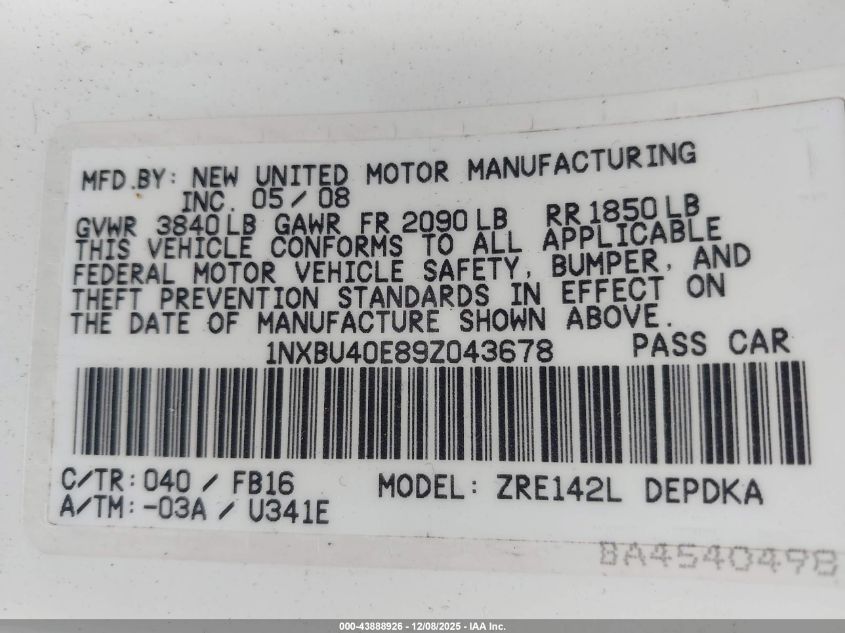 2009 Toyota Corolla Le VIN: 1NXBU40E89Z043678 Lot: 43888926