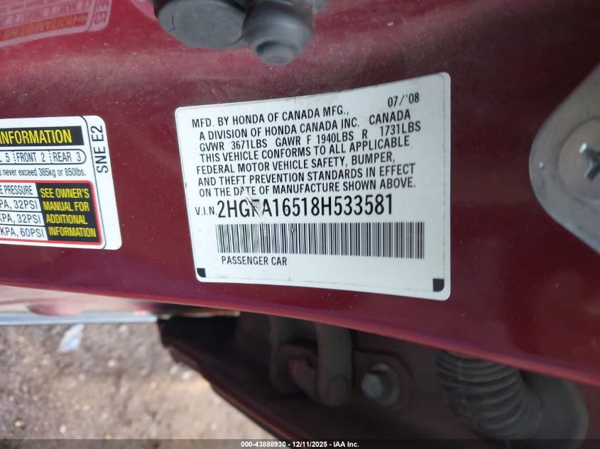 2008 Honda Civic Lx VIN: 2HGFA16518H533581 Lot: 43888930