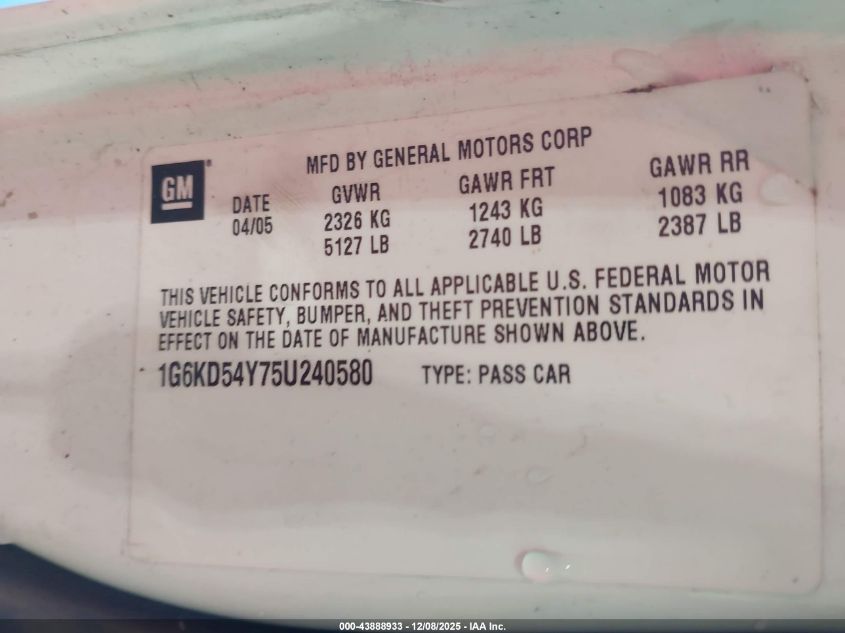 2005 Cadillac Deville Livery VIN: 1G6KD54Y75U240580 Lot: 43888933