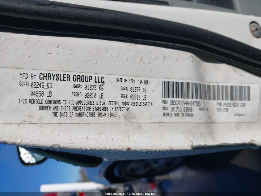 2010 Dodge Charger Sxt VIN: 2B3CA3CV4AH147505 Lot: 43888934