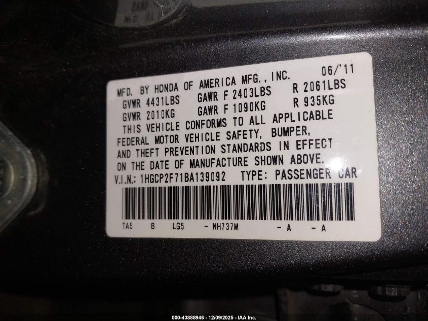 2011 Honda Accord 2.4 Ex VIN: 1HGCP2F71BA139092 Lot: 43888946